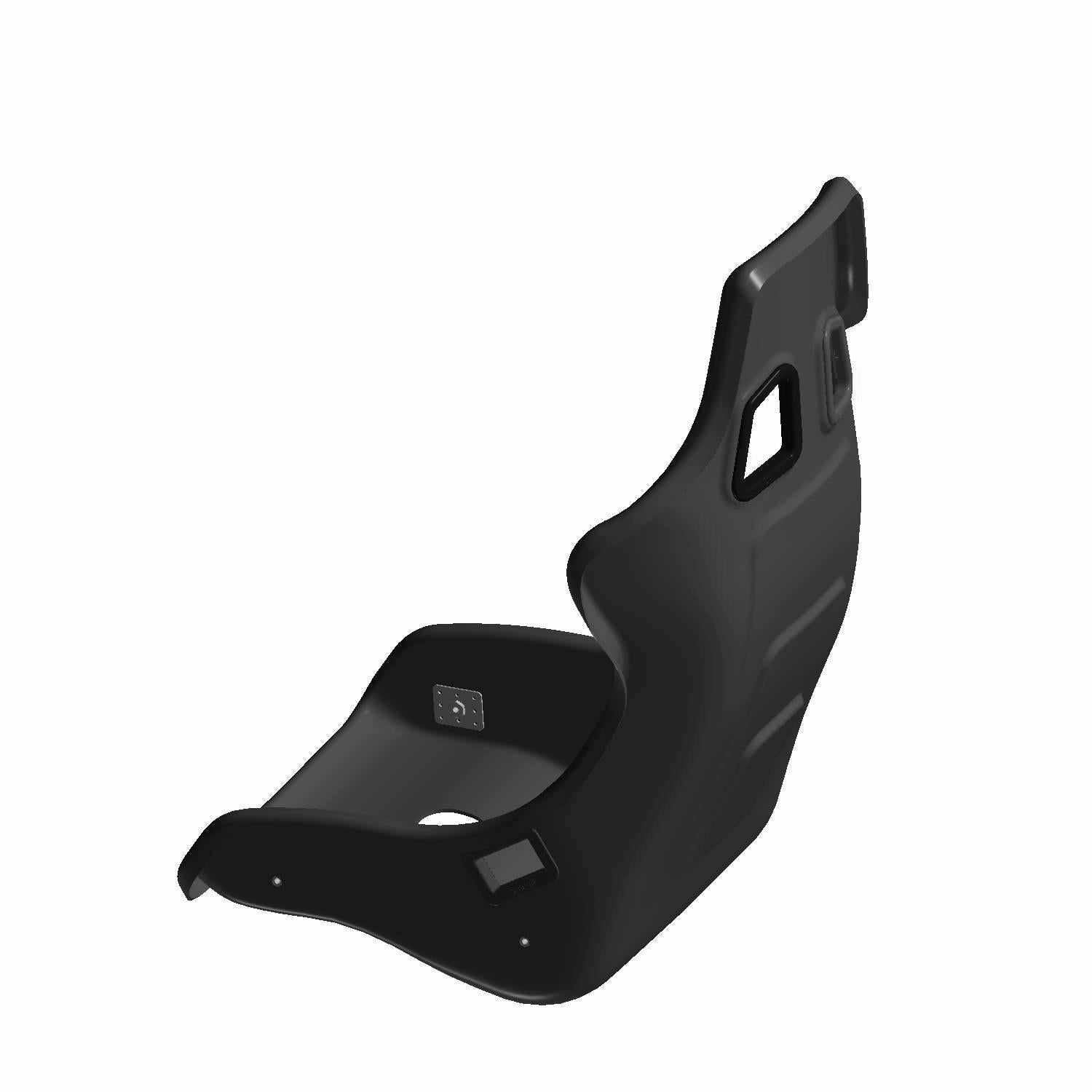 Black molded racing seat with ergonomic contours and cutout handles, designed for offroad Polaris UTVs.