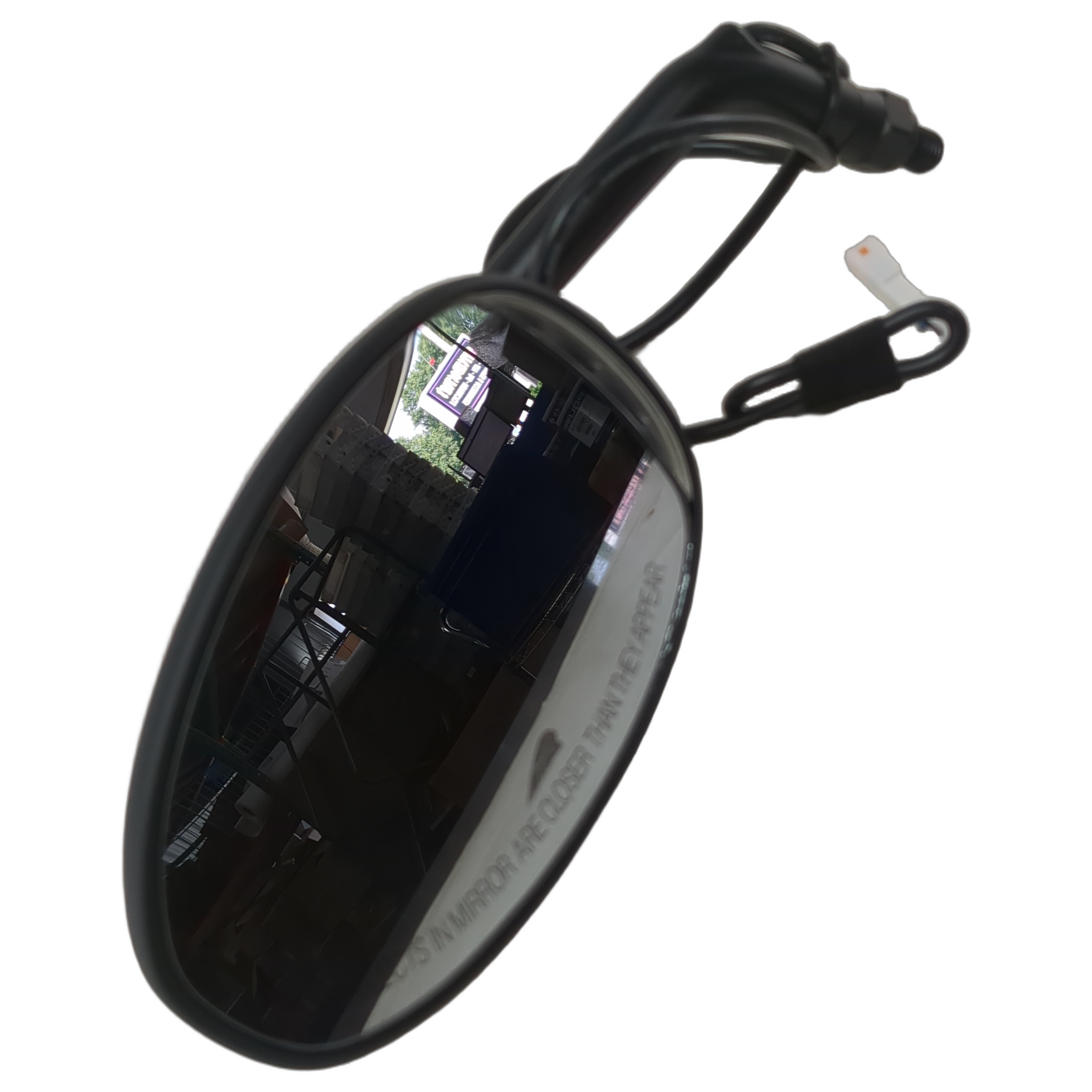 Left flat black motorcycle side mirror with oval reflective surface and mounting arm.