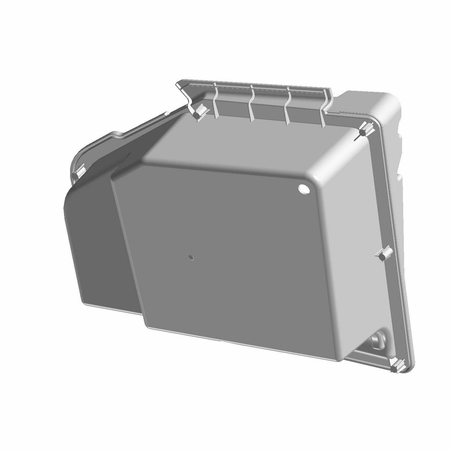 Gray molded plastic dash storage compartment with latch and reinforced edges for Polaris UTVs.