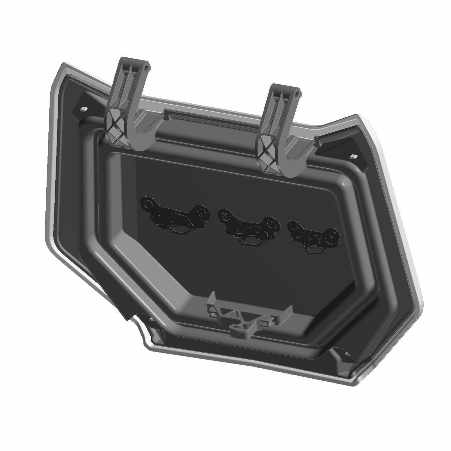Black angular plastic dash lid center with two hinge clips and embossed latch icons.
