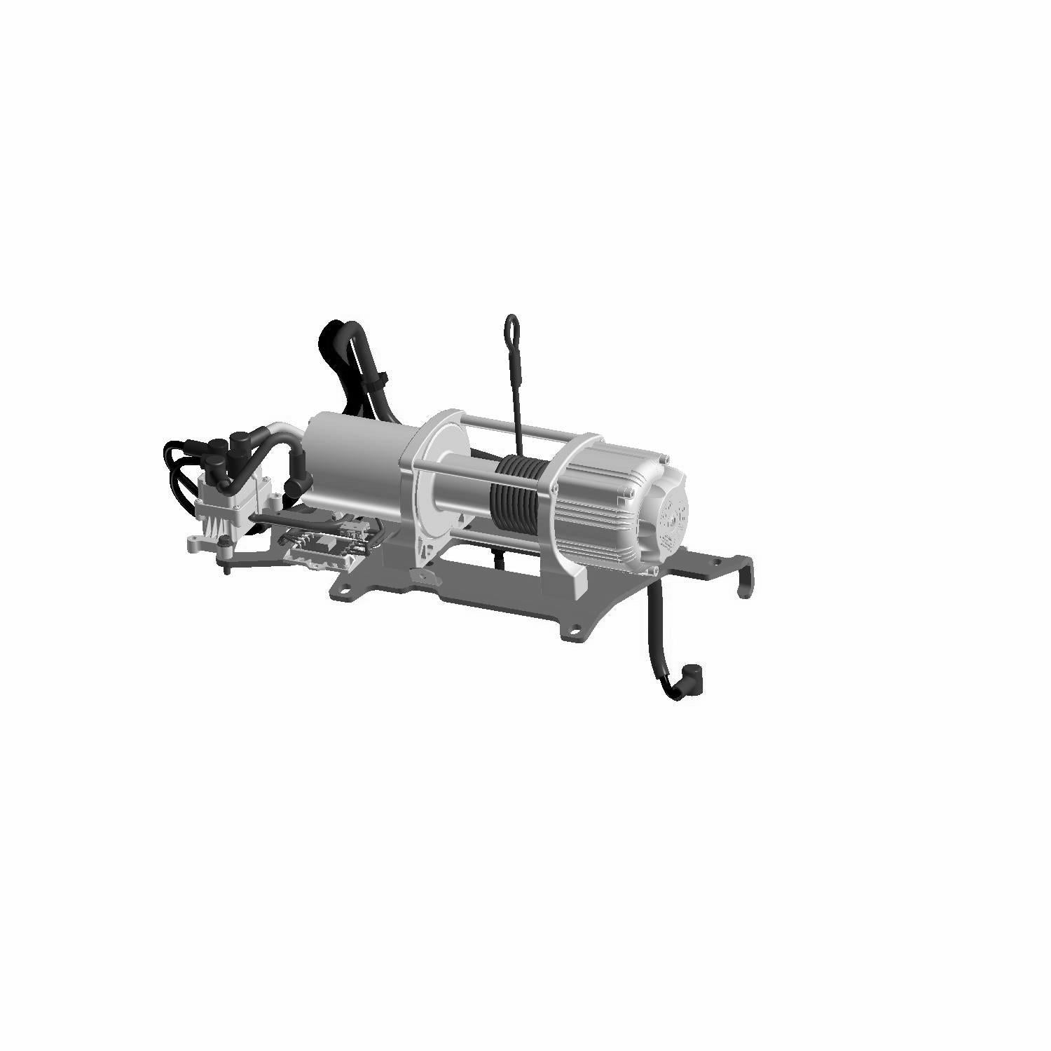 Compact heavy-duty metallic silver Polaris winch with mounting bracket and black electrical cables.