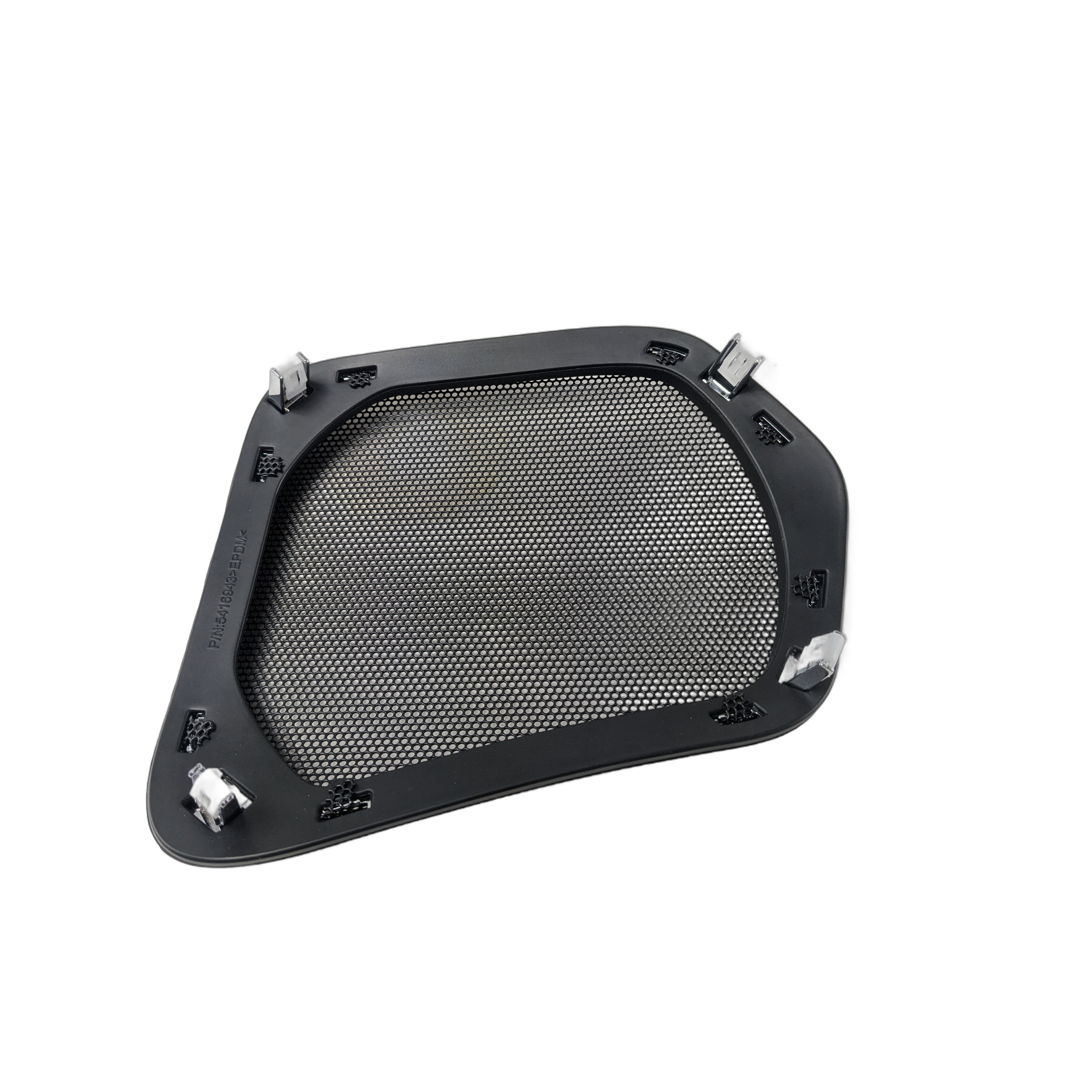 Black and chrome right speaker grill with mesh center and mounting clips designed for motorcycle use.