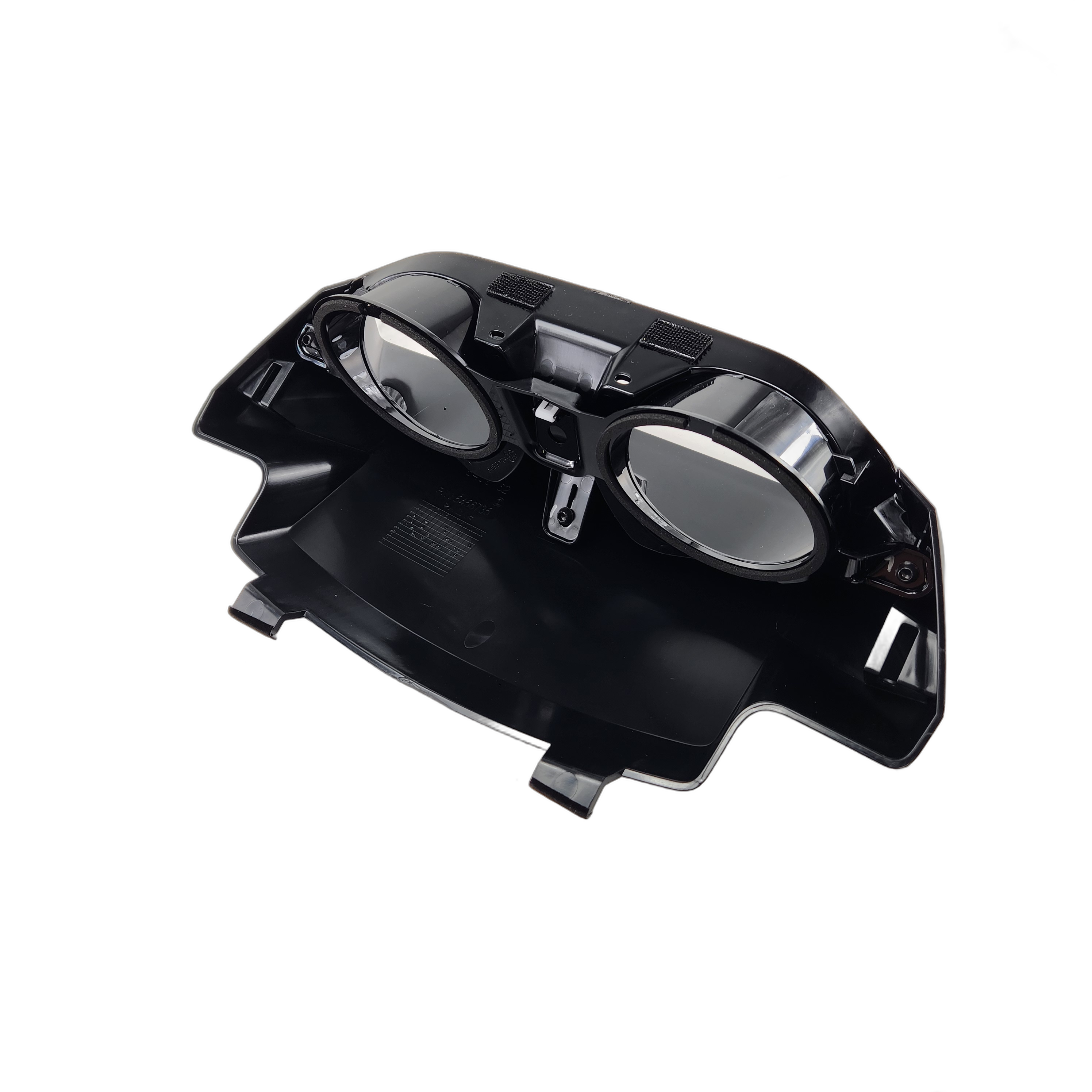 A close-up of the black plastic Gauge Hood by Polaris, featuring two circular gauge openings and photographed on a white background, perfect for those seeking OEM Indian motorcycle parts.