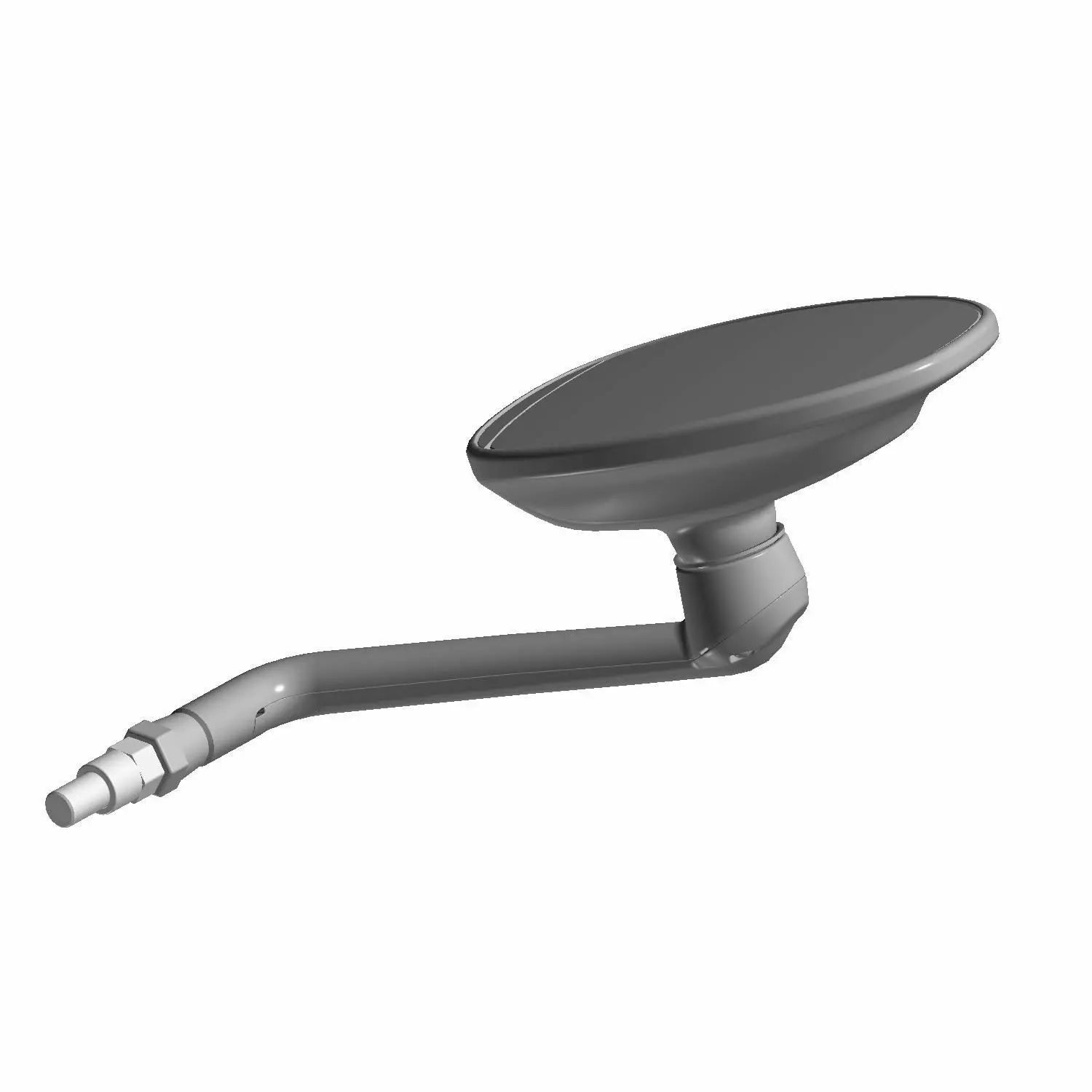 Chrome right side motorcycle mirror with oval reflective surface and angled mounting arm.