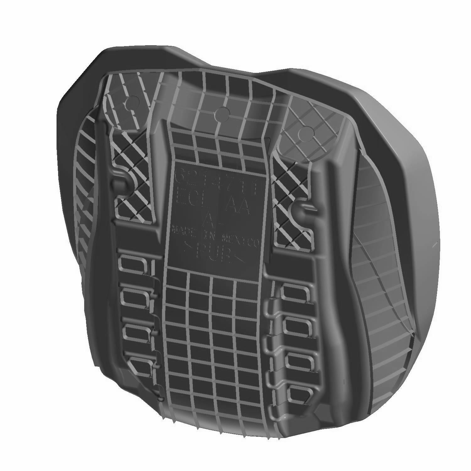 Black molded plastic seat bun bottom with textured grid pattern and contoured design.