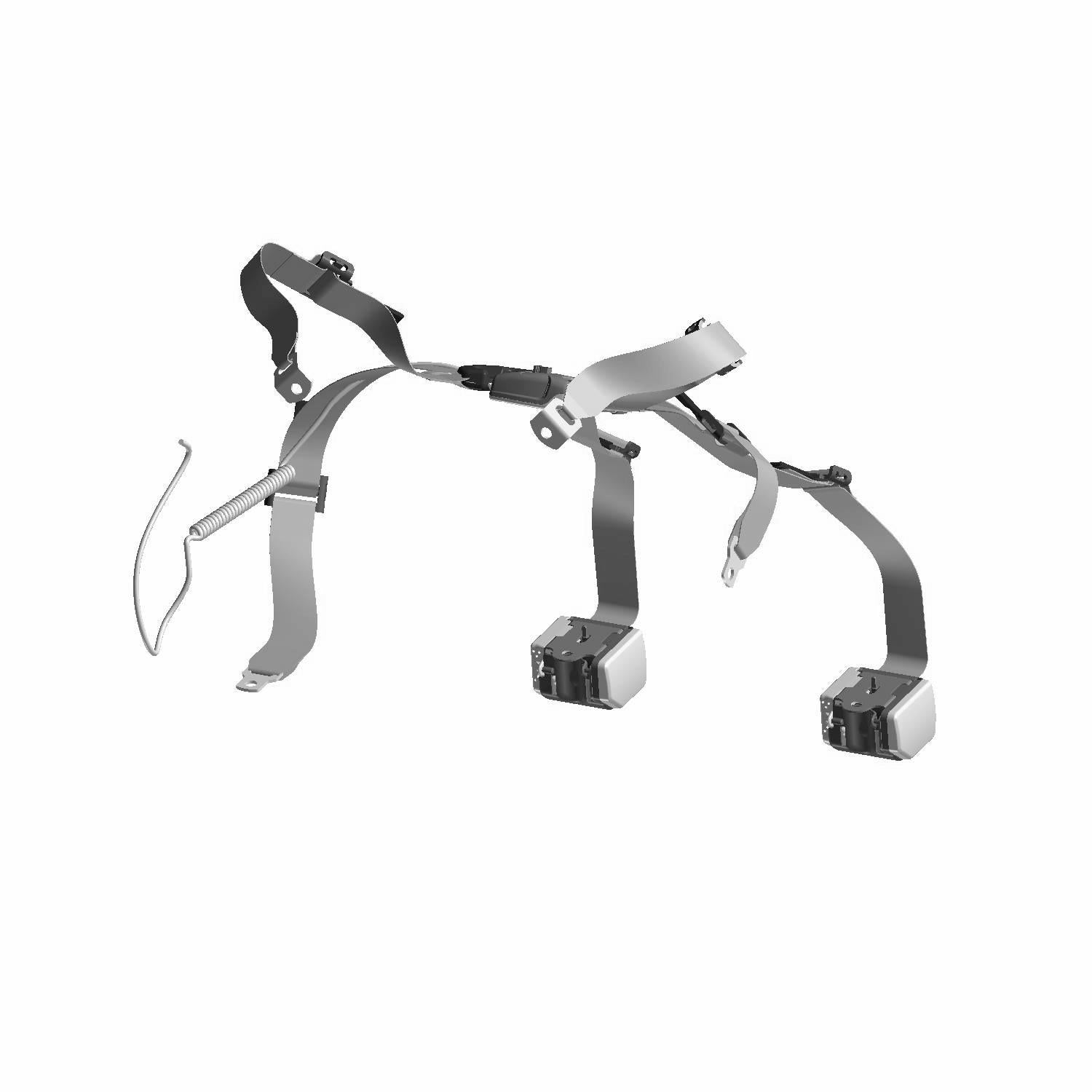 Black and gray multipoint left seat belt harness with adjustable straps and metal buckles.