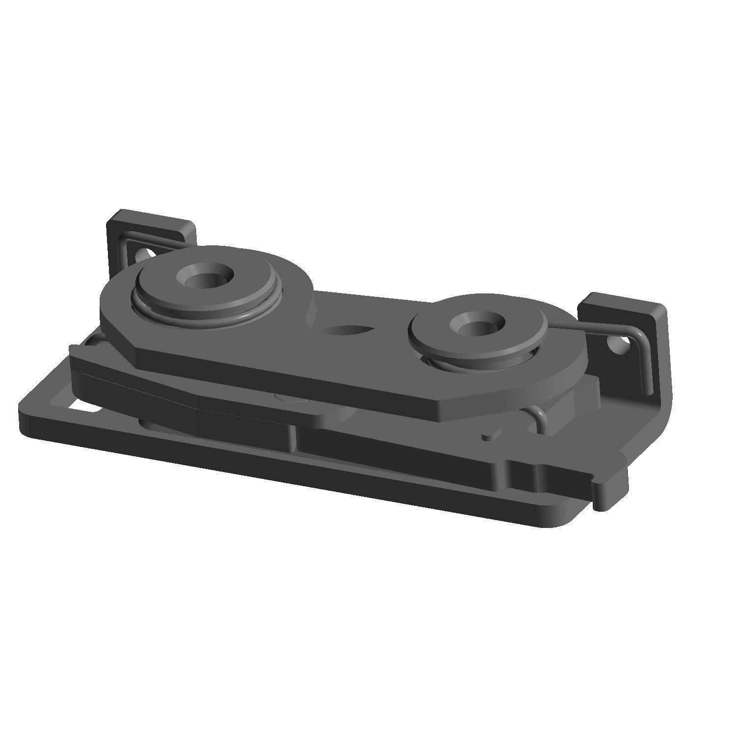 Black rectangular plastic door latch with two circular mounting points and angled side brackets.