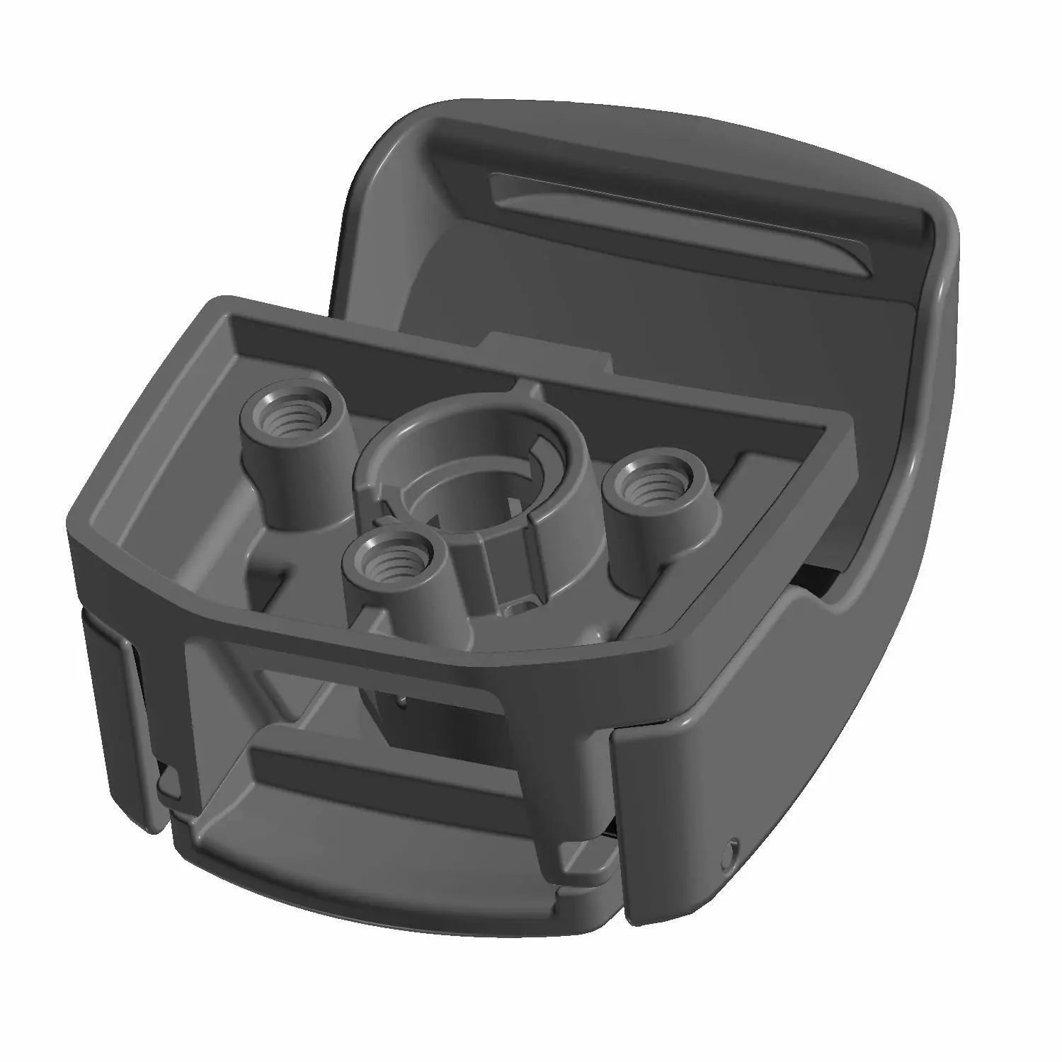 Black plastic saddlebag latch with central circular locking mechanism and rectangular base.