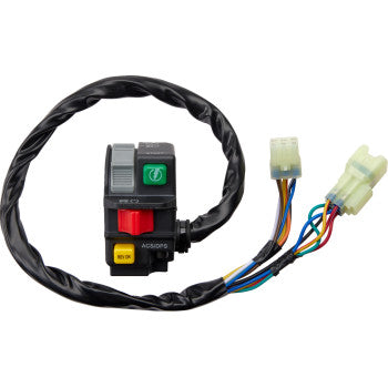 The Can Am Switch Block Assembly by Moose Offroad features a black plastic casing, colorful wires, green, red, and yellow buttons, reverse override function, and two white connector plugs—perfect as a replacement for your handlebar controls.