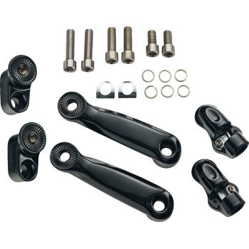 A set of black Indian Adjustable RydeCulture™ Charles Chapa Peg Mounts – Passenger by Ciro, with brackets, arms, bolts, washers & mounting hardware on a white background—perfect for pairing with Indian motorcycle accessories.