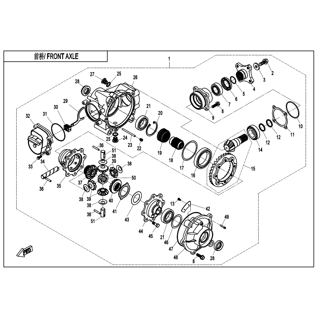 An Image of a genuine CFMOTO Parts Schematic Diagram showing the group - FRONT AXLE - 2021 CFMOTO CFORCE 500 S