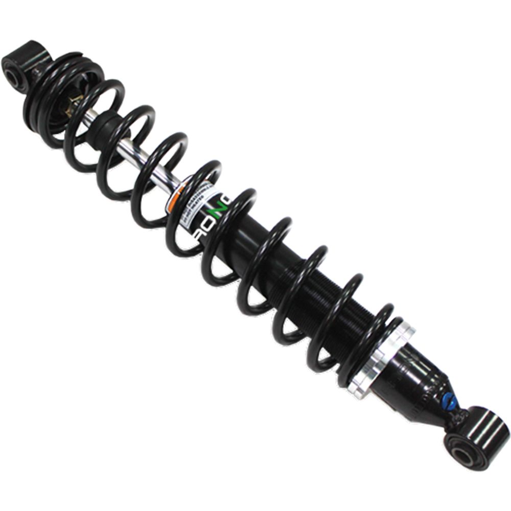 A black Yamaha Big Bear 4WD/2WD UTV/ATV Front Gas Shock by Bronco is shown with a coiled spring, metal adjustment ring, and rubber mounts at both ends—available from Witchdoctors.com against a white background.