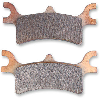 Two Polaris Heavy Duty Brake Pads by Epi, featuring textured sintered surfaces and a curved design with hook-like ends for attachment, are displayed side by side on a white background.