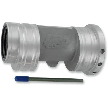 The Axle Carrier Super Twin by Lone Star Racing, a silver aluminum fitting with ridged ends and a black gasket, sits above a small metal rod capped in blue plastic, all displayed on a white background.