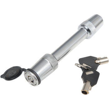 The Trimax Receiver Lock With Key 5/8 Chrome features a metal hitch lock with an open protective cap, two black keys, and a quarter-turn mechanism for securing your trailer to your vehicle.