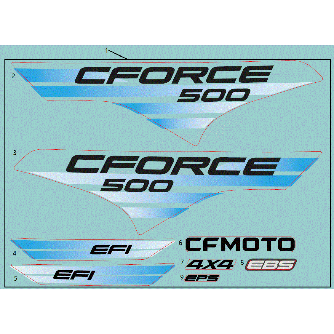 An Image of a genuine CFMOTO Parts Schematic Diagram showing the group - DECAL KIT (NA - 2022 CFMOTO CFORCE 500