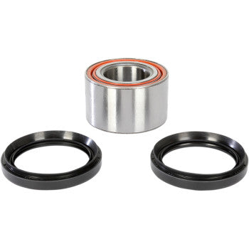 The Honda Pioneer Wheel Bearing Kit Front by Moose Offroad features a metal cylindrical bearing with an orange inner ring, displayed behind two black circular wheel seals on a white background.