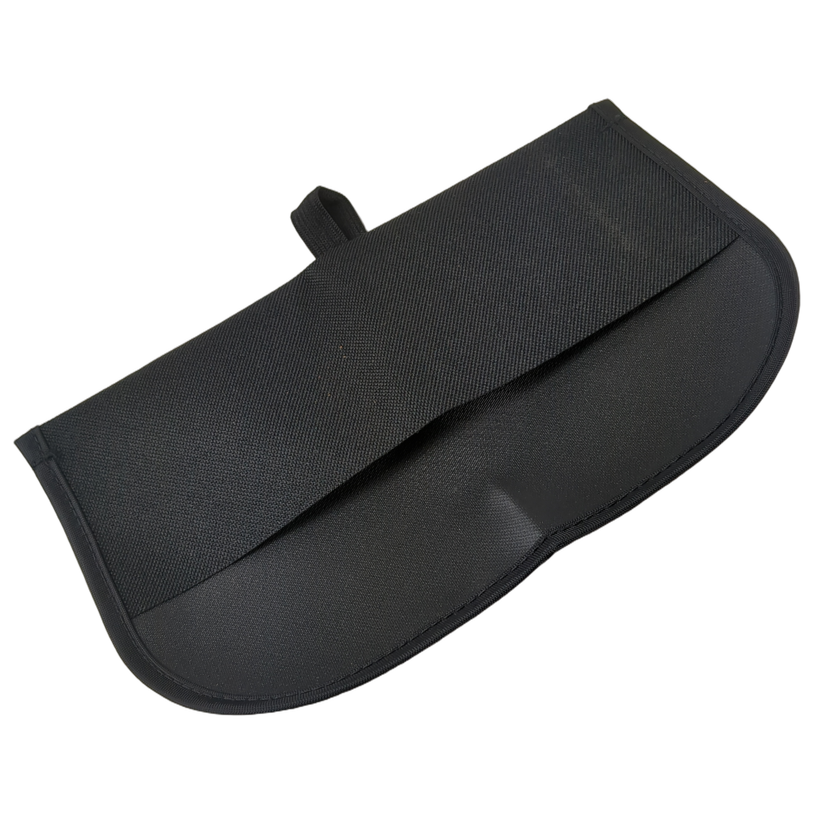 Black fabric tool pouch with flap closure and rounded bottom edge.