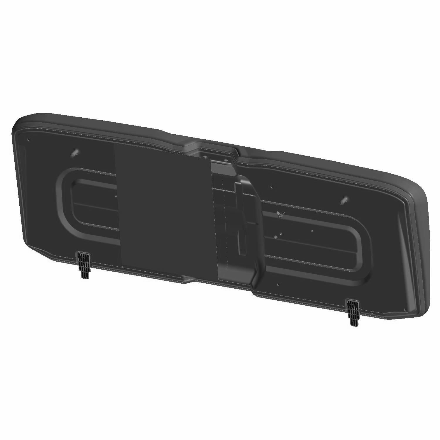Black rectangular vehicle bottom panel with contoured edges and mounting clips, designed for Polaris UTV.