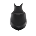 Black contoured motorcycle seat with raised backrest and textured leather surface.