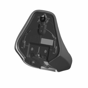 Black contoured motorcycle driver seat base with mounting hardware and smooth edges.
