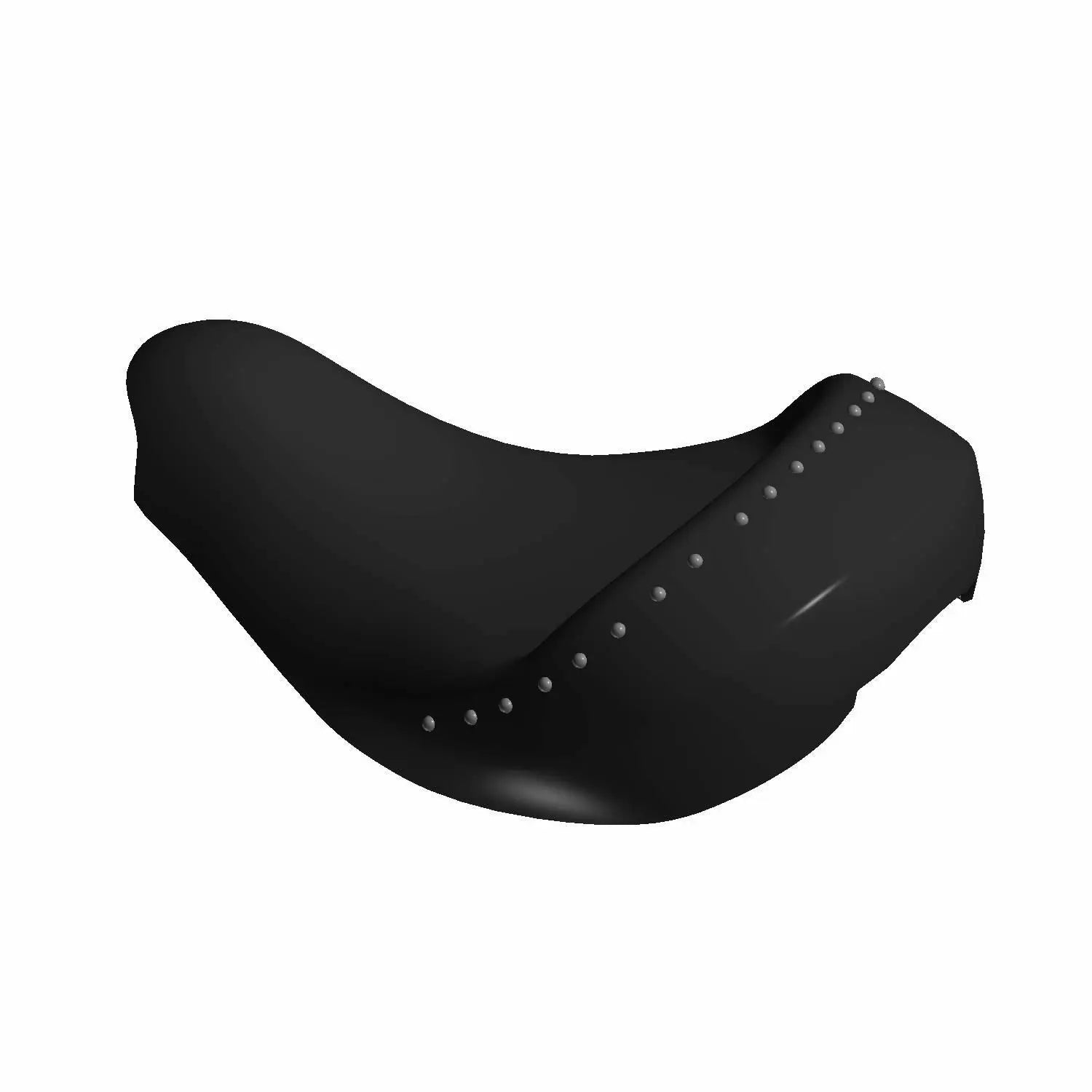 Black motorcycle driver seat with silver studs along the sides, contoured for comfort.