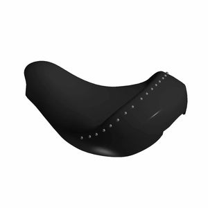 Black leather motorcycle driver seat with silver stud detailing and ergonomic contour.