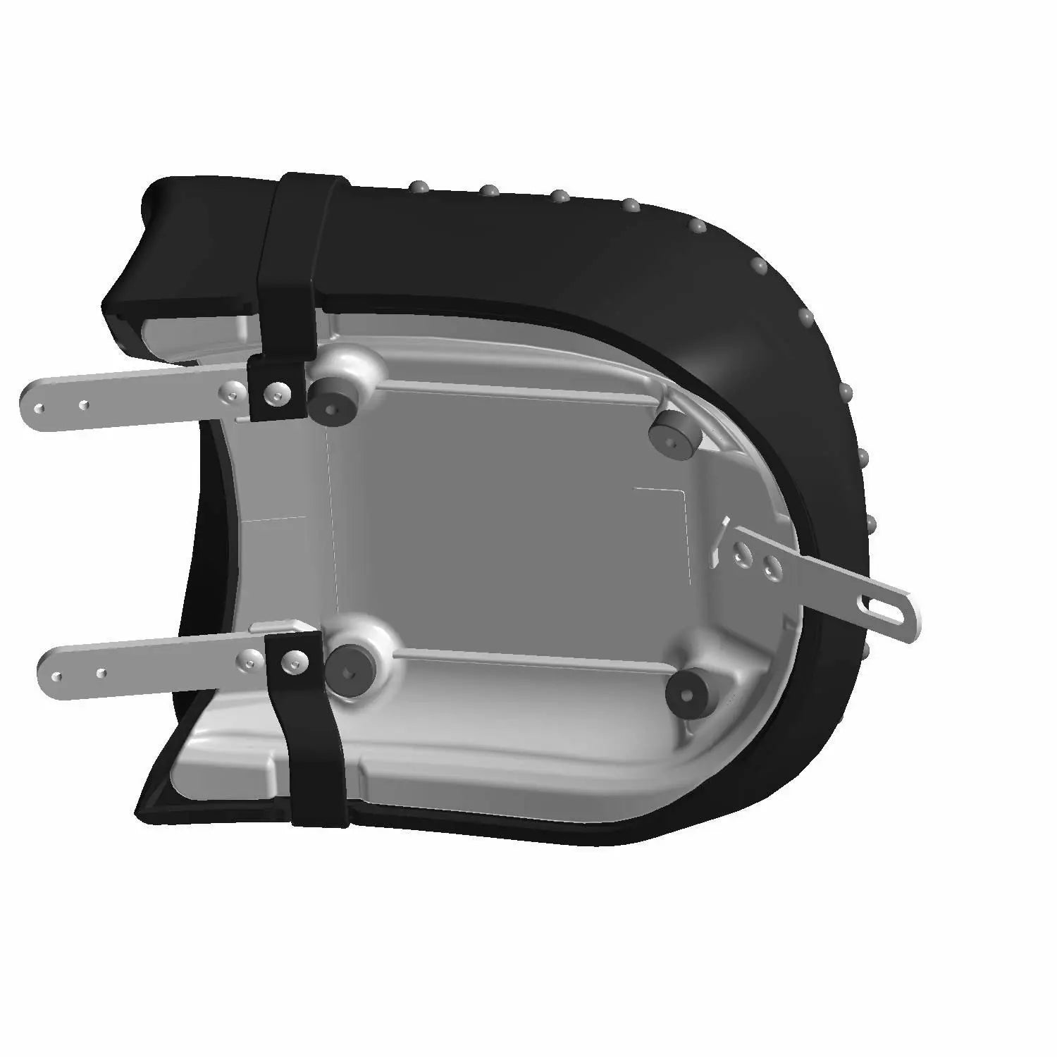 Black motorcycle passenger seat with silver metal mounting brackets and decorative studs.