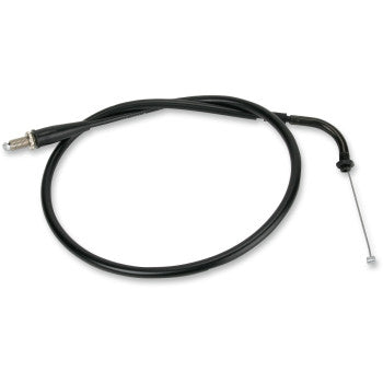 The Honda Vinyl Covered Throttle Cable by Parts Unlimited features a black cable with a metal end and exposed wire tip, coiled on a white background. It meets OE specs for reliable vehicle performance and compatibility.