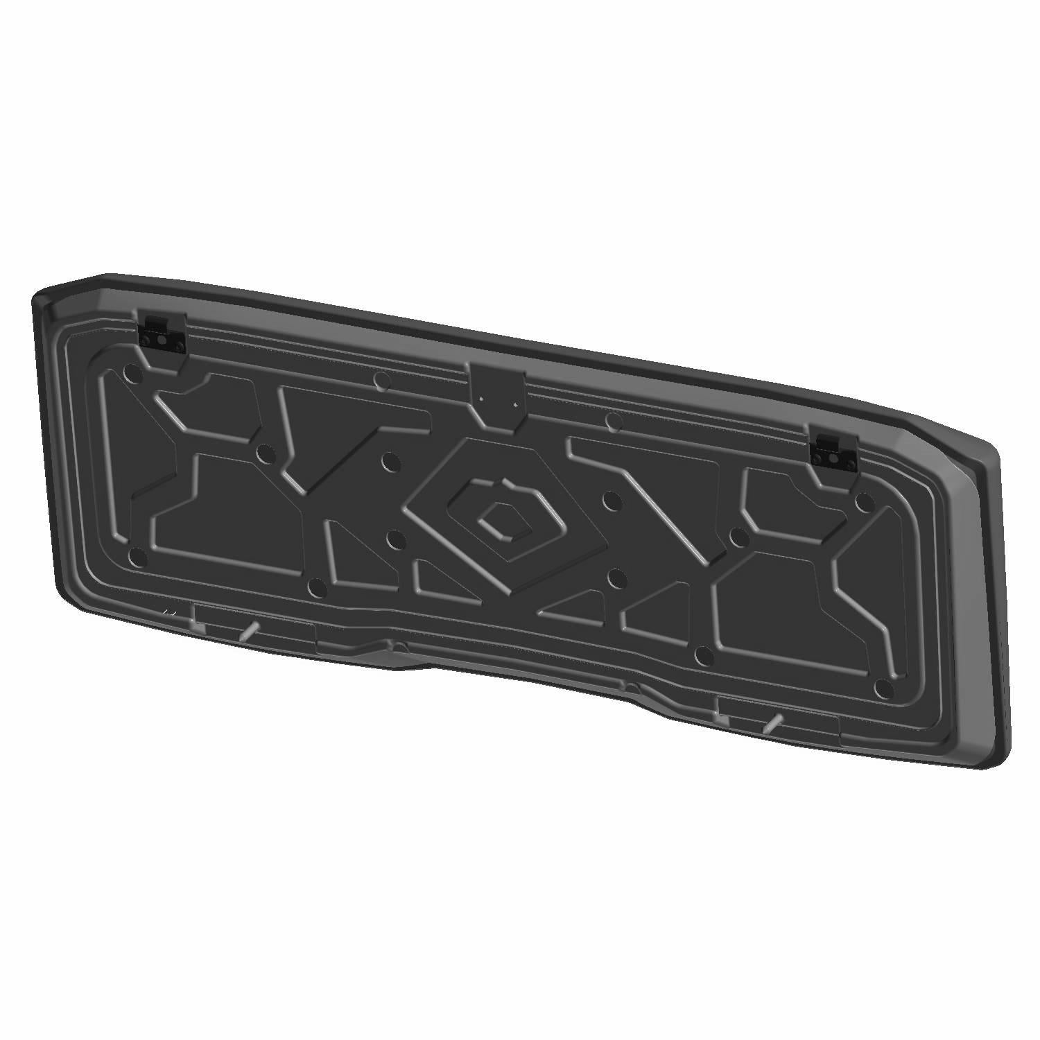 Black molded plastic seat bottom panel with geometric pattern and mounting clips.