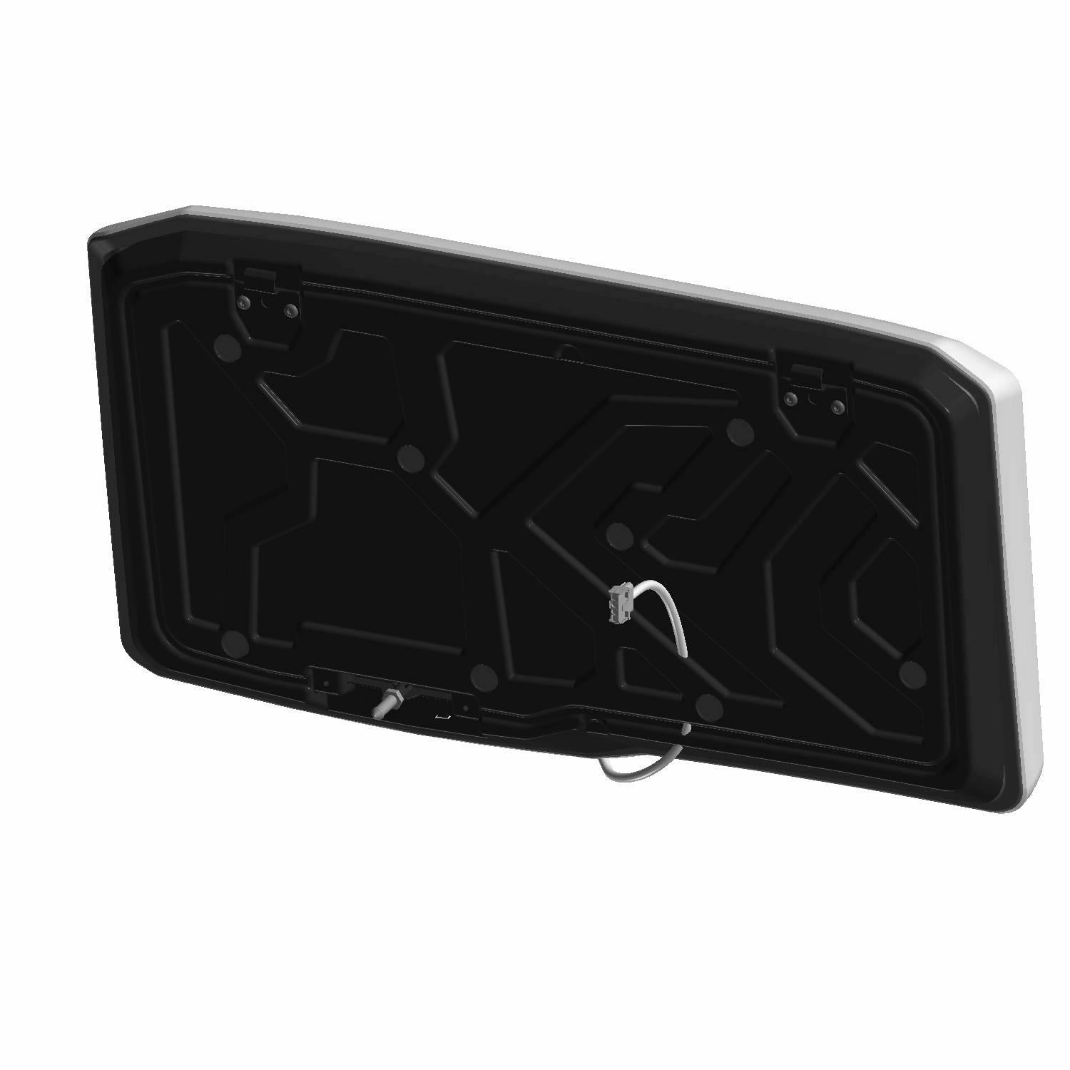 Black rectangular Polaris seat bottom heater panel with mounting points and wiring harness.