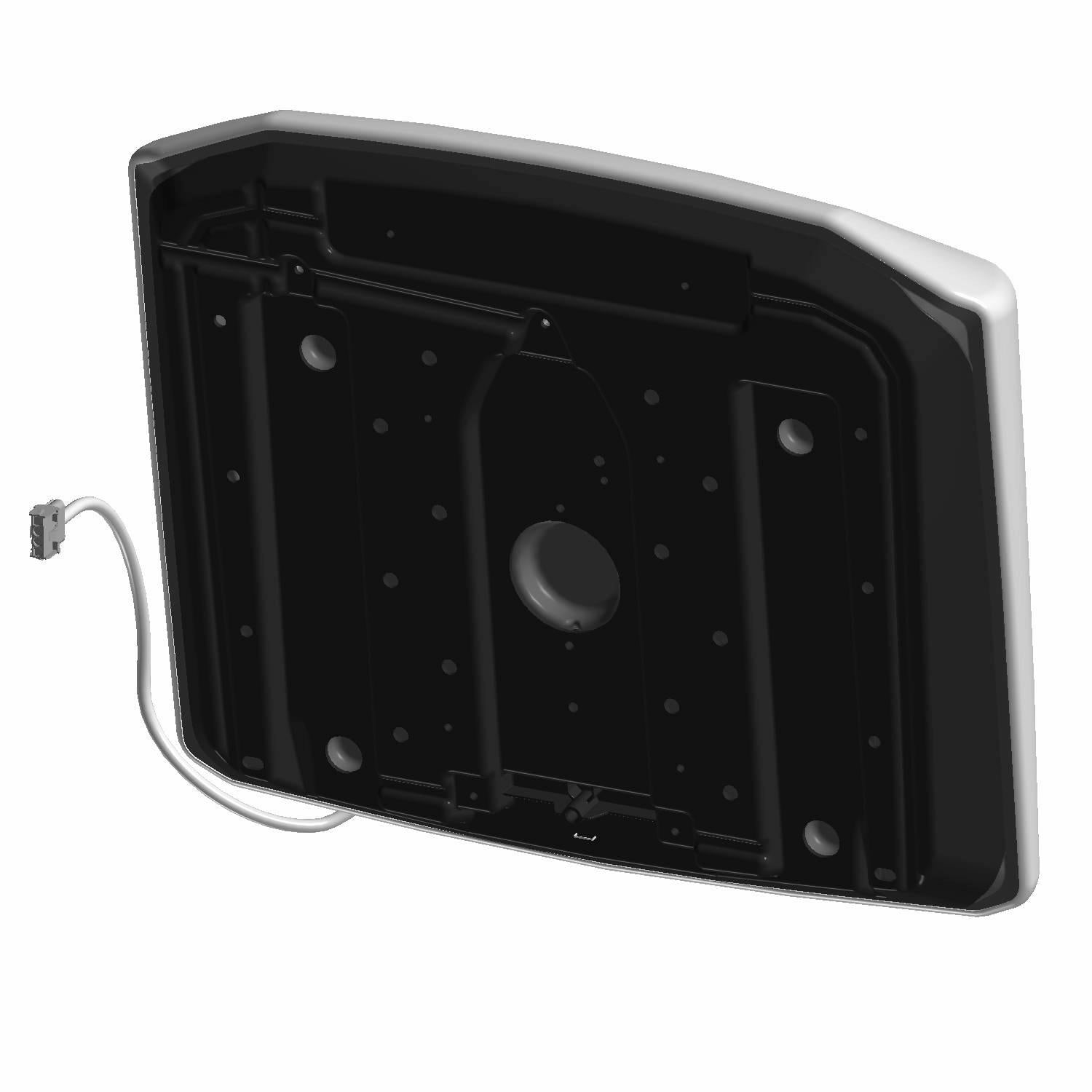 Black rectangular heated seat bottom panel with curved edges and attached wire connector, designed for Polaris UTV.