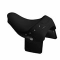 Black contoured motorcycle seat with silver conches and integrated skirt design.