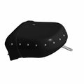 Black leather motorcycle passenger seat with metal studs and mounting bracket.