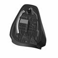 Black molded plastic underside of a driver seat with integrated metal support bracket and mounting points.