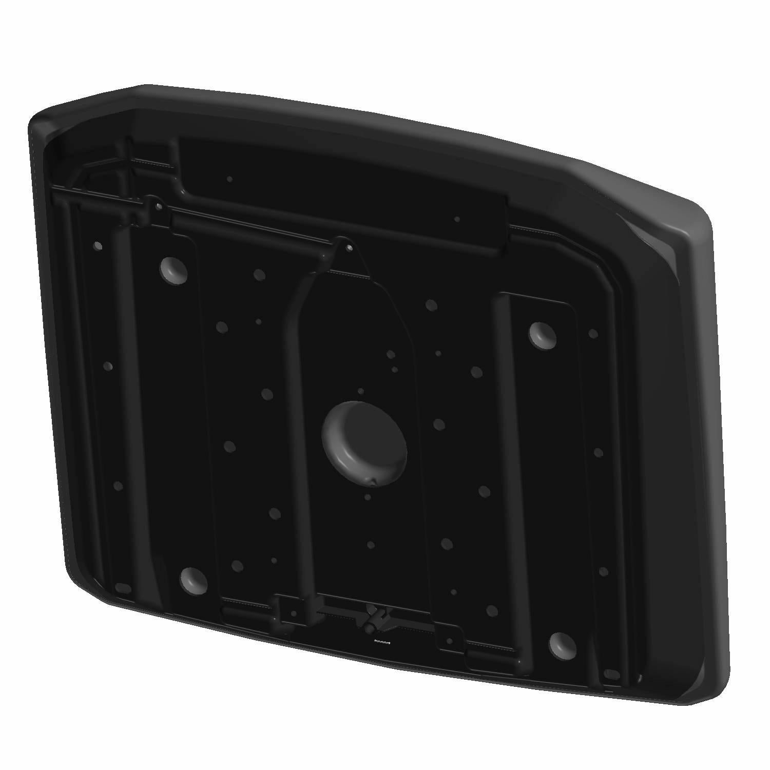 Black rectangular plastic seat bottom with mounting holes and central circular indentation.