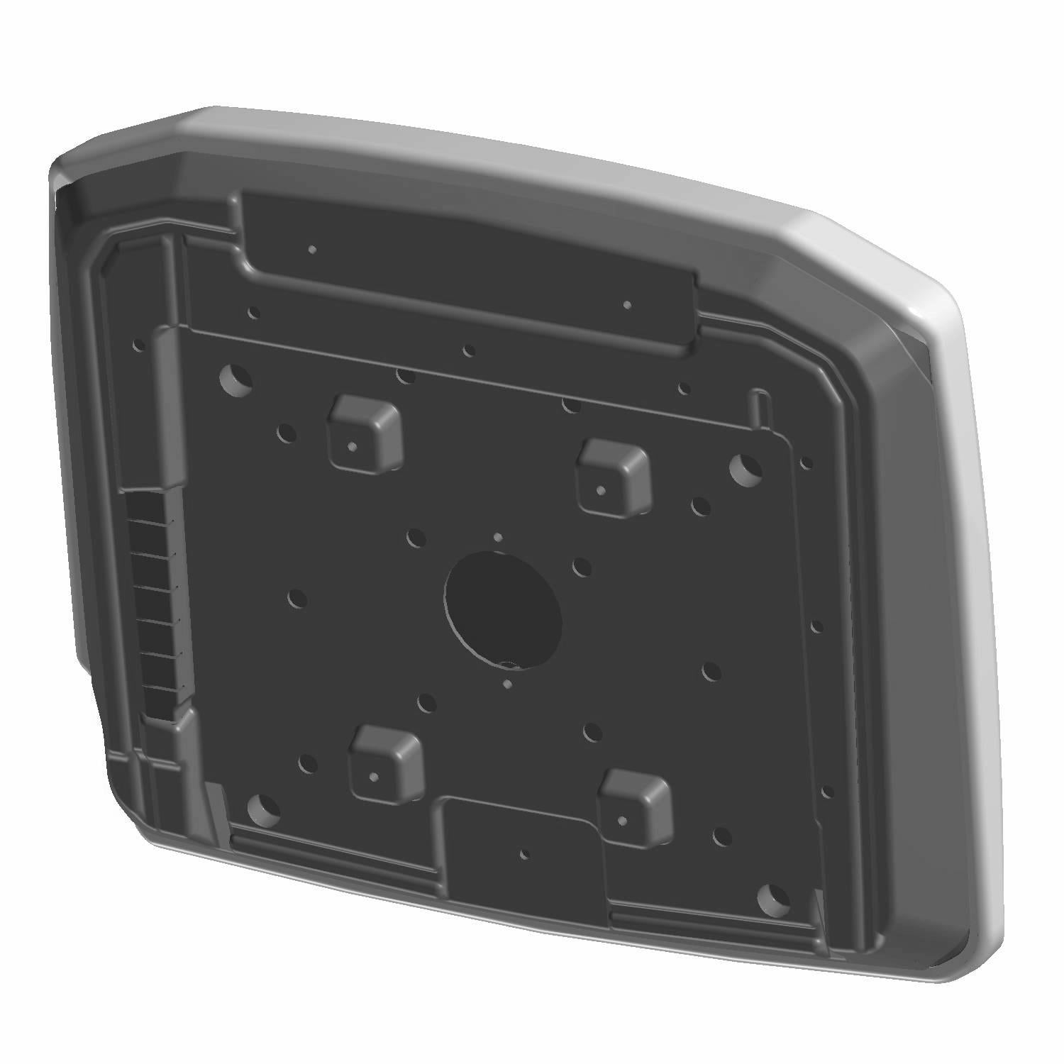 Black molded plastic UTV seat bottom with integrated mounting brackets and contoured edges.