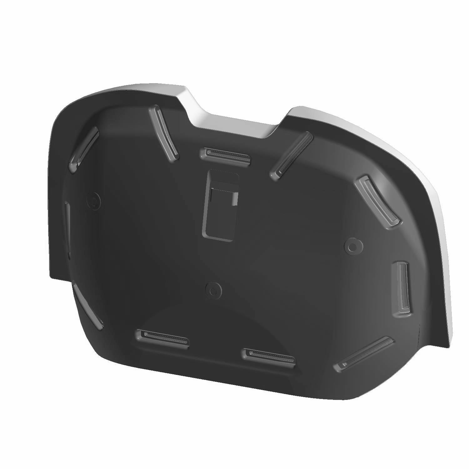 Black molded plastic seat bottom with contoured edges and integrated mounting points.