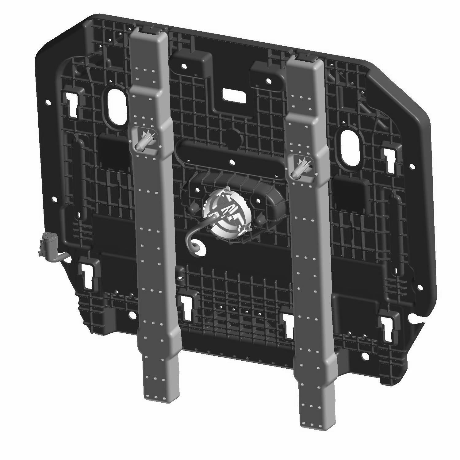 Black molded plastic seat bottom base with integrated metal brackets and central mounting hardware.