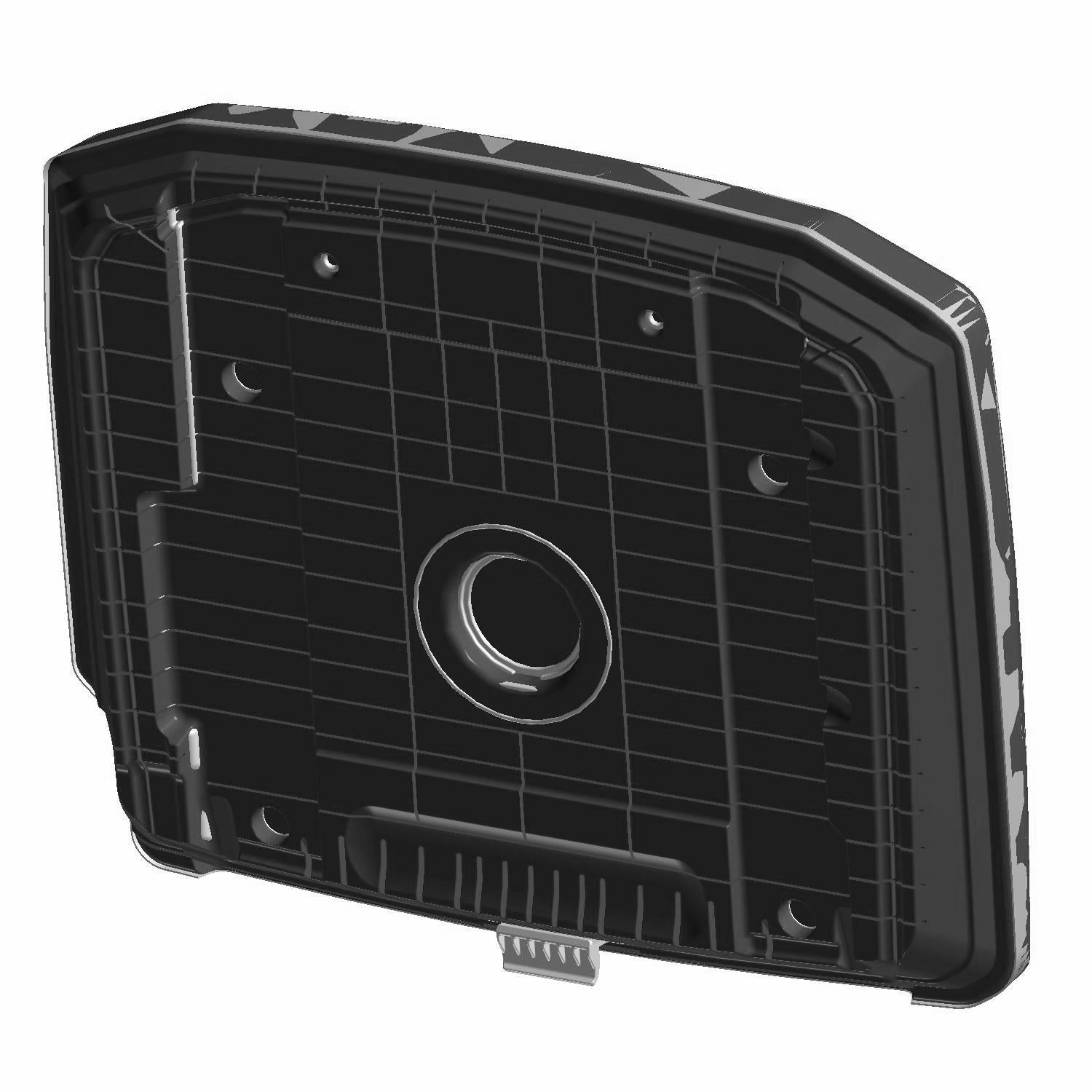 Black molded plastic seat bottom with reinforced edges and central circular mounting hole.