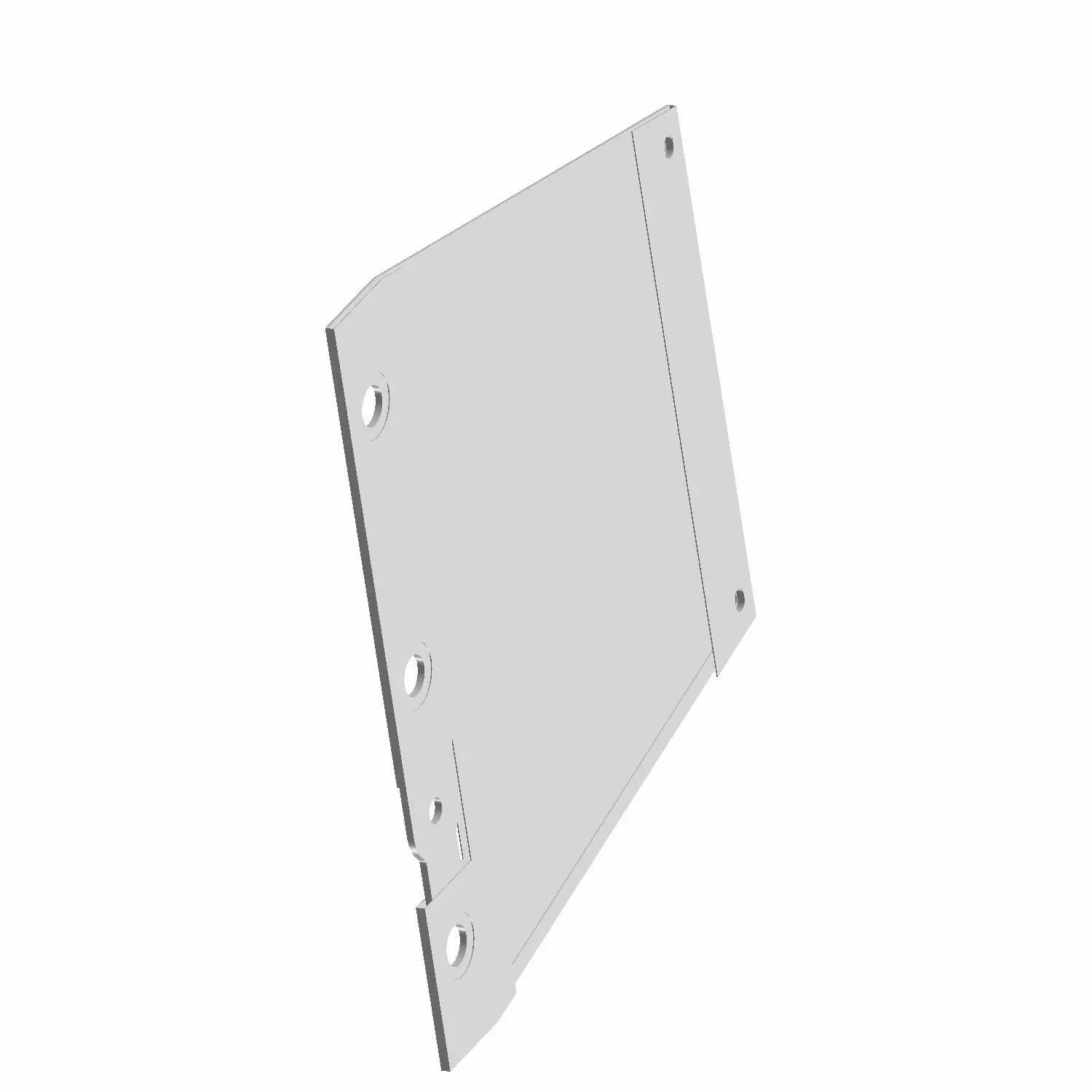 A 3D-rendered, angled view of the Limiter, Lid, RH [From 5/15/24] by Polaris—a flat metal bracket with rounded edges and circular holes—perfect for Polaris parts, available at BuyWitchDoctors.com. Smooth, plain surface with minimal detail.