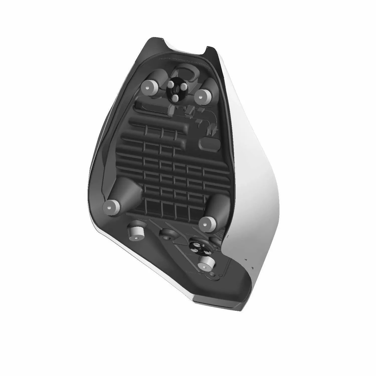 Black motorcycle solo seat with molded plastic underside and mounting hardware for Indian Scout 101.