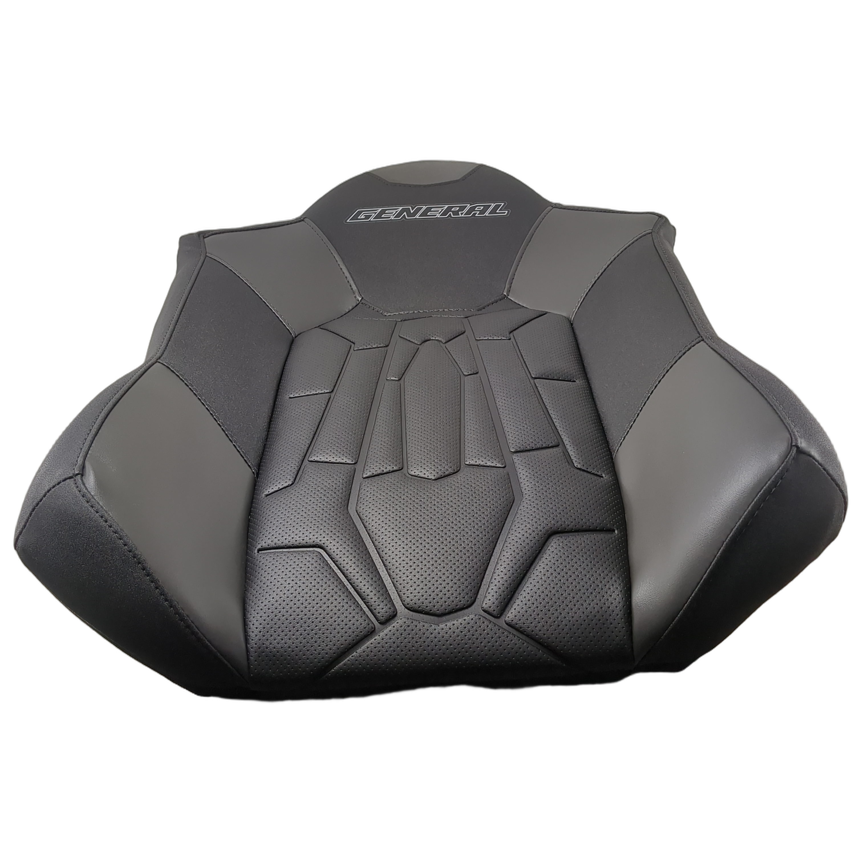 Black and dark gray contoured UTV seat back with textured and smooth surfaces, Polaris logo embossed.