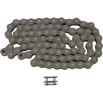 The M520 Standard Chain 84 Links by Rk, made of medium carbon alloy steel with solid rollers, is arranged in an S-shape with its master link connector beneath it on a white background.