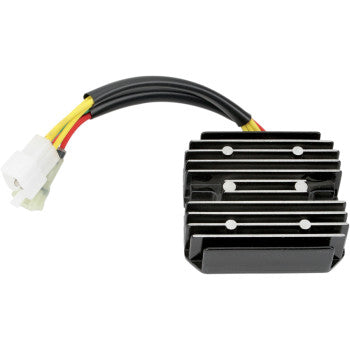 Black finned aluminum Suzuki regulator rectifier with attached yellow, red, and black wires and white plastic connector.