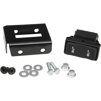 The Winch Switch Vantage 4000 by Warn, in black, is shown with a mounting bracket, two screws, three washers, two bolts, and two nuts on a white background.