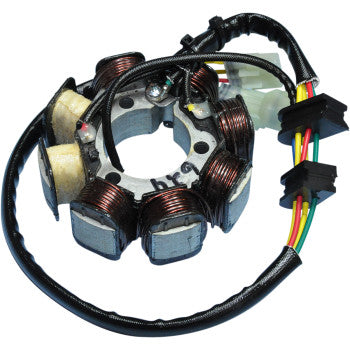 The Honda Stator by Rick's Motorsport Electric features copper wire coils, a circular metal core, colored electrical wires, and an OEM-style plug for easy installation and dependable power generation in your engine.