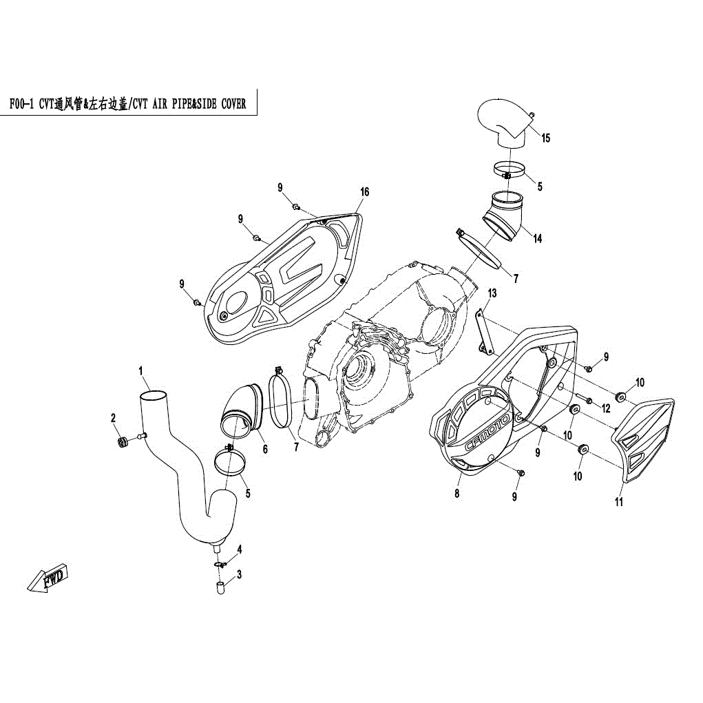 An Image of a genuine CFMOTO Parts Schematic Diagram showing the group - CVT AIR PIPE&SIDE COVER - 2017 CFMOTO CFORCE 800