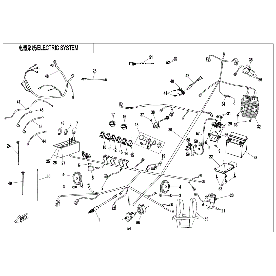 An Image of a Genuine CFMOTO Parts Schematic Diagram showing the schematic - ELECTRIC SYSTEM - 2020 CFMOTO ZFORCE 500