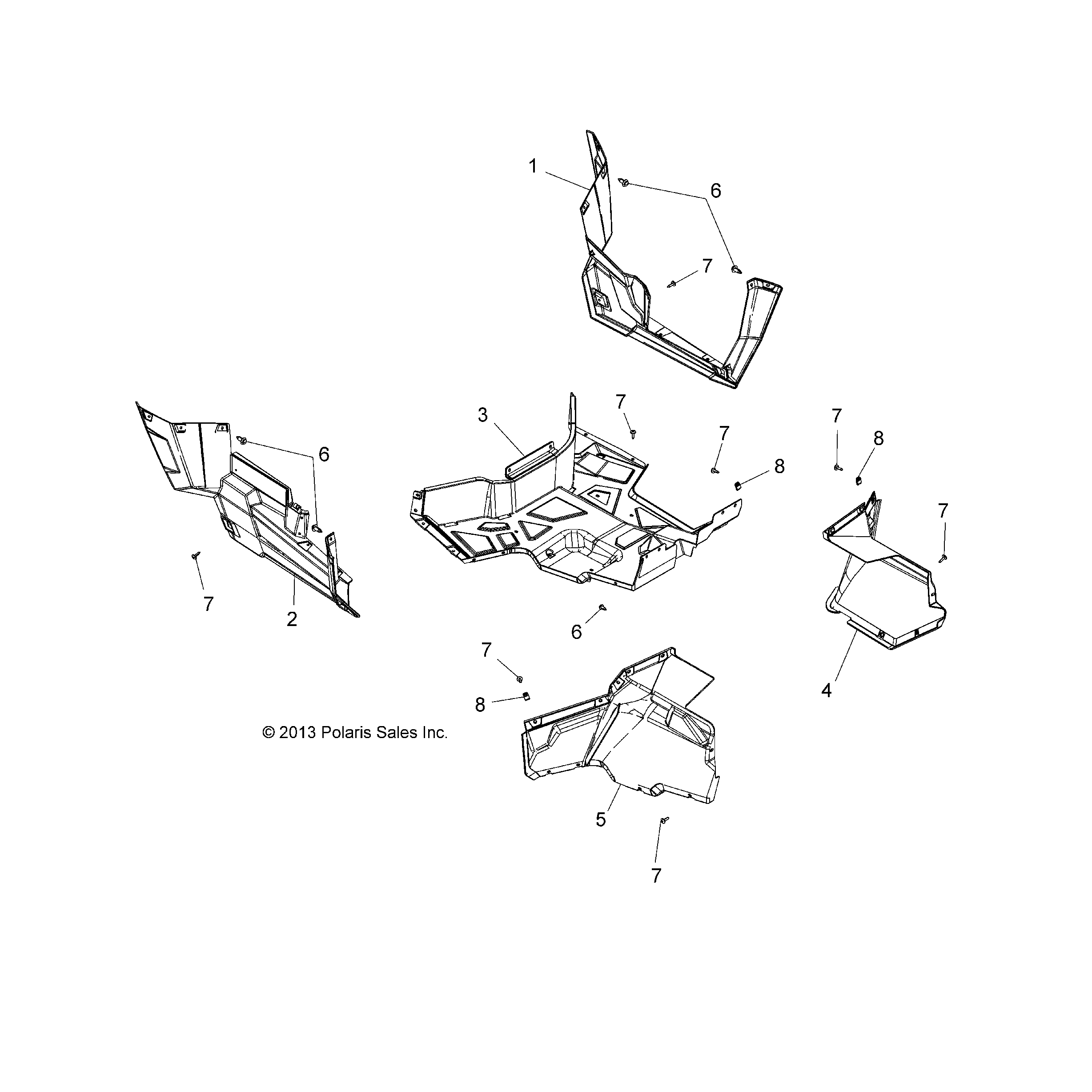 An Image of a Genuine Polaris Parts Schematic Diagram showing the schematic - BODY: FLOOR AND ROCKER PANELS - 2016 POLARIS ACE 900 EFI EPS
